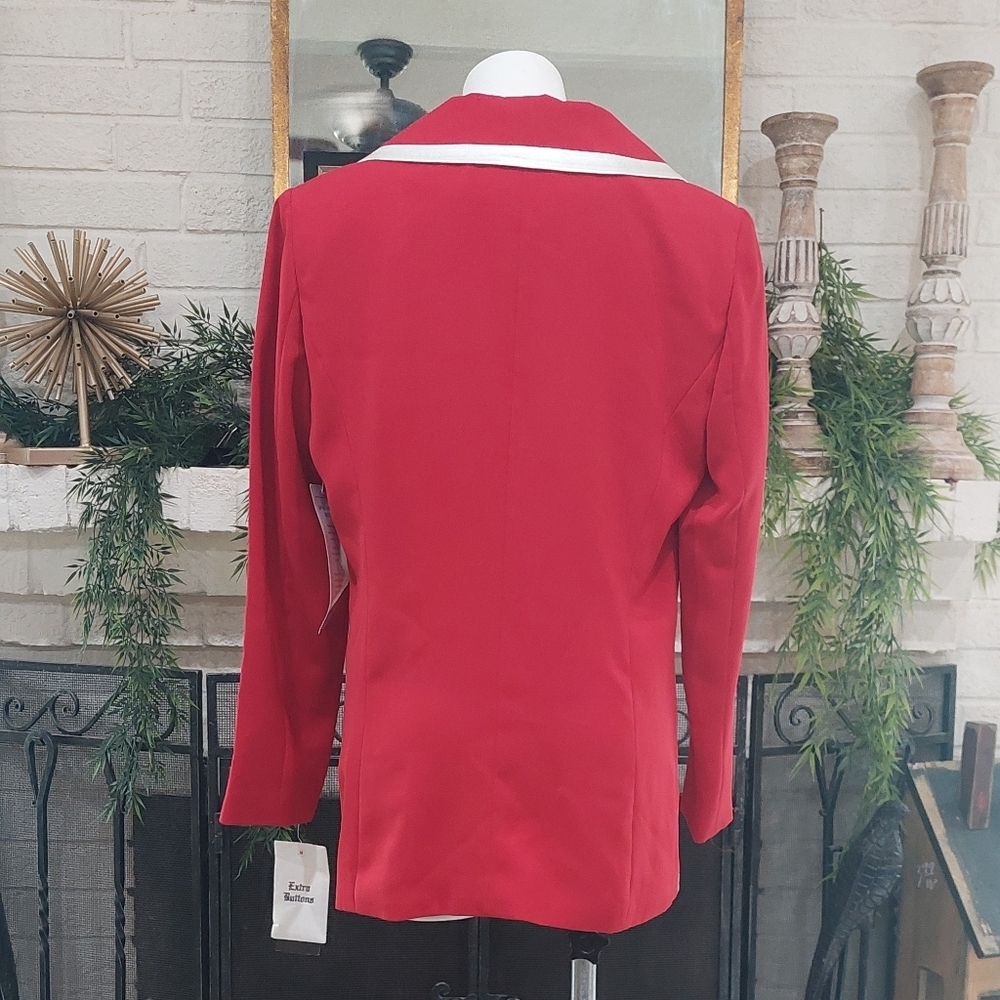 Elegant Red Blazer with White Trim & Rhinestone Detail Chic Statement Jacket NEW - Picture 2 of 12